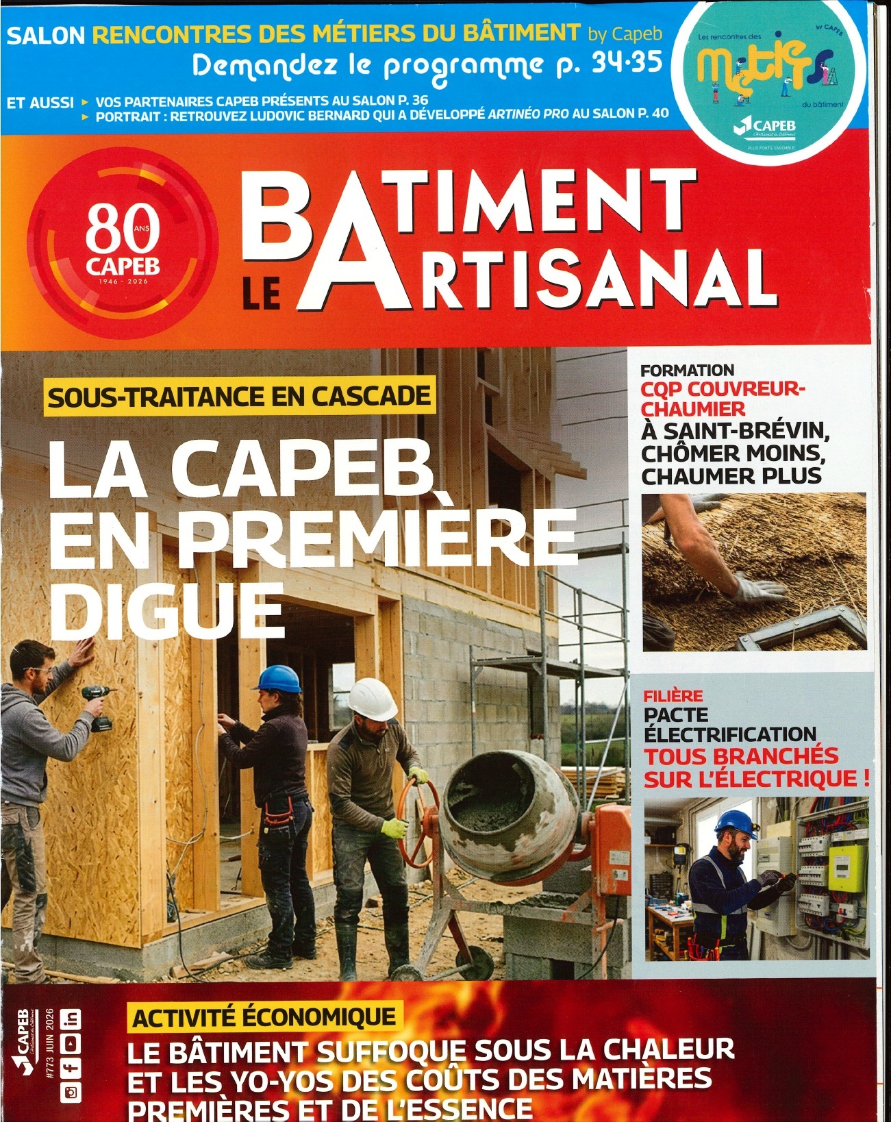 Le Bâtiment Artisanal n° 773 — juin 2026 Couverture du Bâtiment Artisanal n° 773 annonçant le CQP couvreur-chaumier à Saint-Brévin.