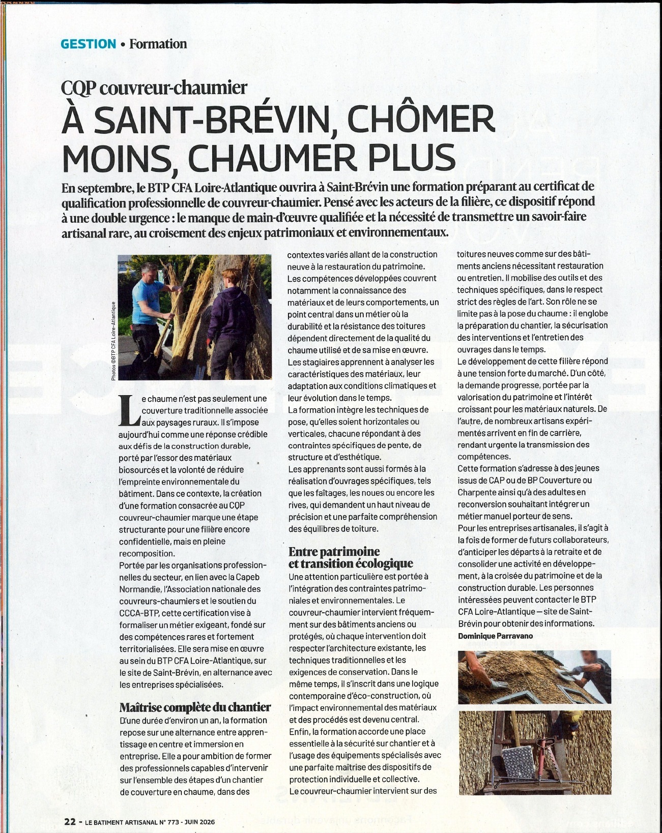 CQP couvreur-chaumier à Saint-Brévin — page 22 Page 22 du Bâtiment Artisanal consacrée au CQP couvreur-chaumier à Saint-Brévin, avec des photos de formation.