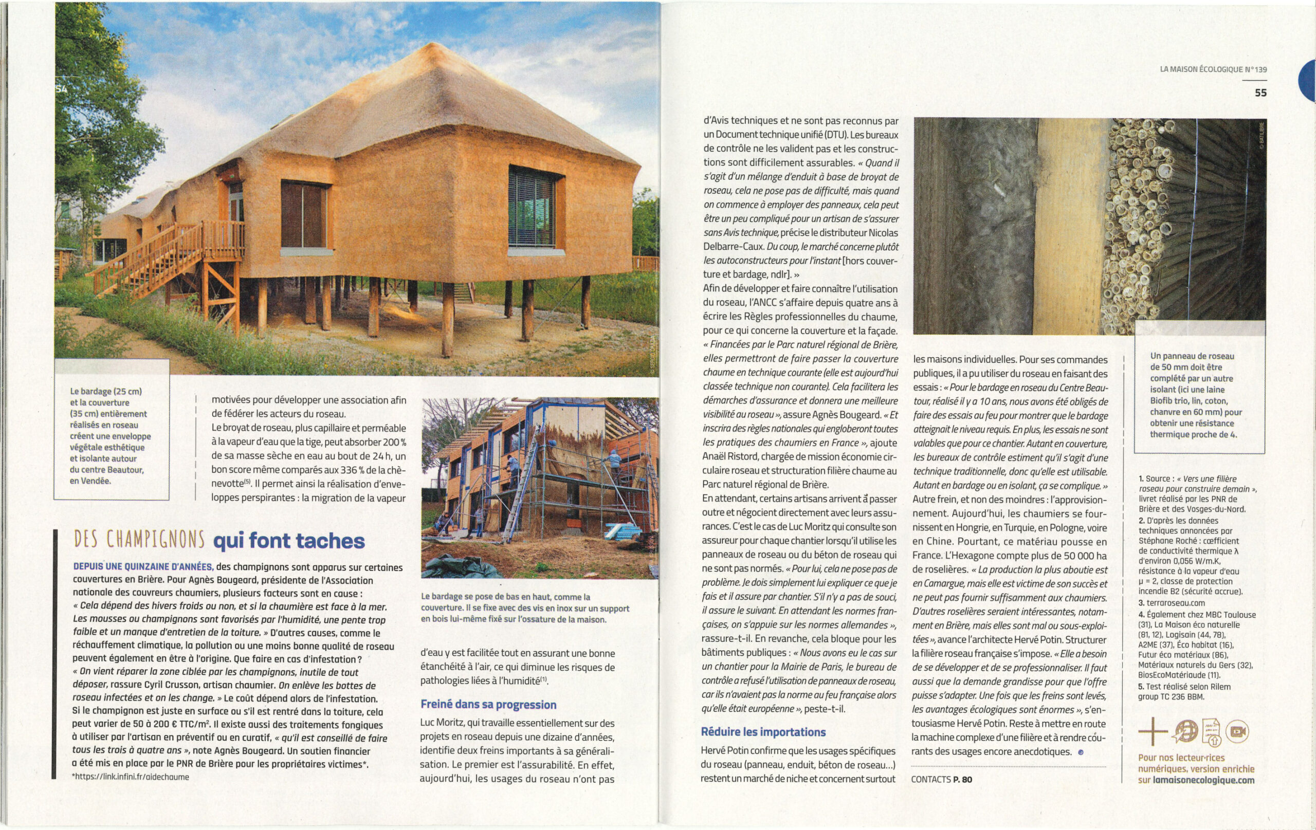 La filière roseau et l’entretien du chaume — pages 54 et 55 Double page sur les usages du roseau, l’entretien des couvertures, les règles professionnelles et les approvisionnements.