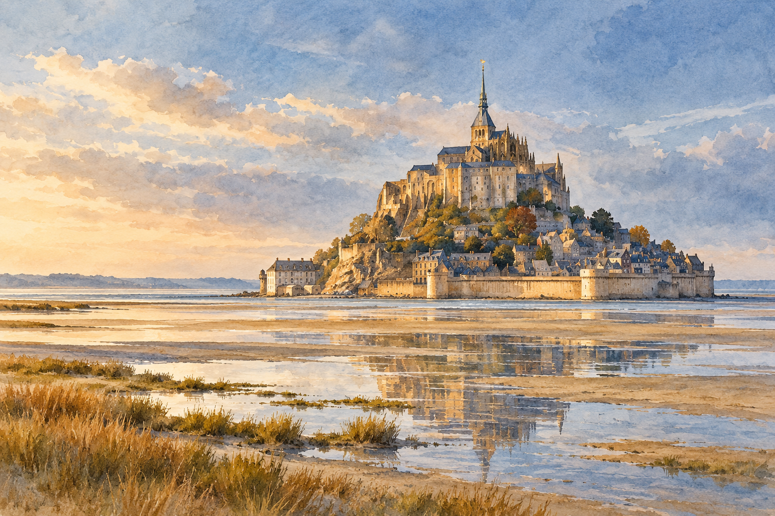 Illustration du Mont-Saint-Michel et de son reflet dans la baie, dans un style aquarelle.